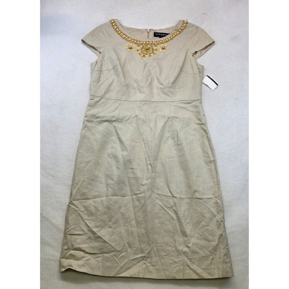 Sharagano Linen Blend Sheath Dress Sze 8 Beige Embellished Wedding Guest Party